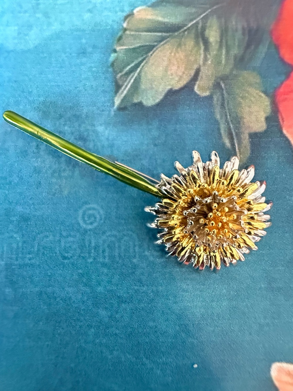 Gold Floral Dandelion Brooch with Green Stem